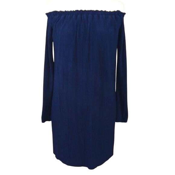 One Clothing Navy Plisse Dress Pleat Ruffle Off the Shoulder Flowy Mini NWT S - Picture 1 of 12